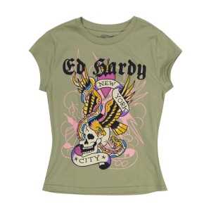 Baby Tees Ed Hardy NYC Skull Cap Sleeve Tee Damskie Oliwkowe | RTJXEC608