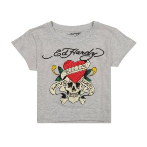 Baby Tees Ed Hardy Rhinestone LKS Skull Baby Tee Damskie Szare | GTMVEC087