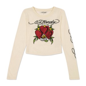 Baby Tees Ed Hardy Rhinestone Long Sleeve Hearts Baby Tee Damskie Białe | WBIXUL140