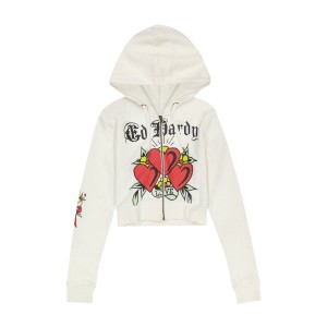 Bluza z Kapturem Ed Hardy 3 Hearts Cropped Hoodie Damskie Szare | QBZHXK167