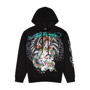Bluza z Kapturem Ed Hardy Battle Skull Black Pullover Hoodie Męskie Czarne | CXILQT826