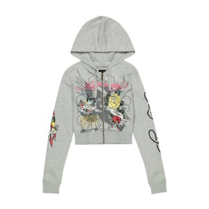 Bluza z Kapturem Ed Hardy Brave Eagle Cropped Hoodie Damskie Szare | WZVNEH892