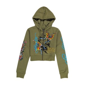 Bluza z Kapturem Ed Hardy Butterflies Cropped Hoodie Damskie Oliwkowe | EQUXIB476