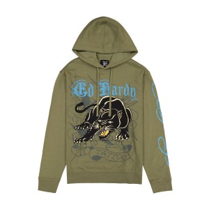 Bluza z Kapturem Ed Hardy Crouching Panther Mens Hoodie Męskie Oliwkowe | ZEMCWS947