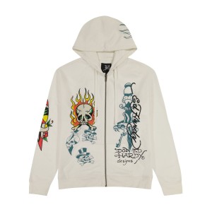 Bluza z Kapturem Ed Hardy Flame Skull Hoodie Męskie Białe | VKGRAP051