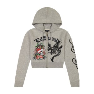 Bluza z Kapturem Ed Hardy Heart Roses Cropped Hoodie Damskie Szare | BNAYEX387