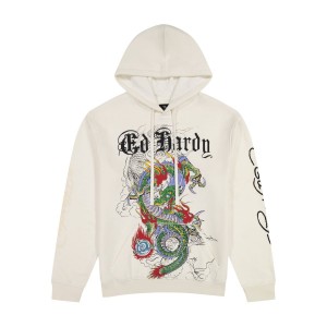 Bluza z Kapturem Ed Hardy Japan Dragon Ivory Pullover Hoodie Męskie Białe | EFZLOQ279