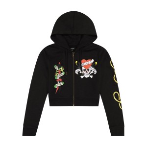 Bluza z Kapturem Ed Hardy LKS Skull Black Zip Front Cropped Hoodie Damskie Czarne | YHBDSK956