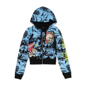 Bluza z Kapturem Ed Hardy LKS Skull Zip Cropped Fleece Hoodie Damskie Czarne | OTQMDR528