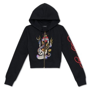 Bluza z Kapturem Ed Hardy Nyc Skull Cropped Hoodie Damskie Czarne | OZGMLC843