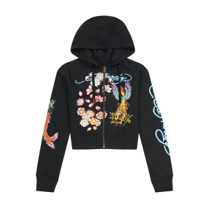 Bluza z Kapturem Ed Hardy Phoenix Cropped Hoodie Damskie Czarne | WDZKTV642
