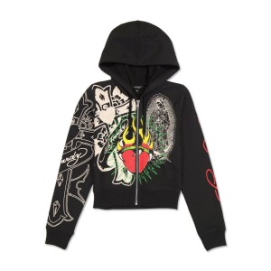 Bluza z Kapturem Ed Hardy Sacred Heart Cropped Zip Fleece Hoodie Damskie Czarne | TYXEJS872