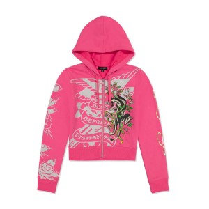 Bluza z Kapturem Ed Hardy Tiger Crown Zip Fleece Hoodie Damskie Różowe | TCELUA754