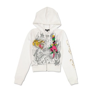 Bluza z Kapturem Ed Hardy Tiger Dagger Cropped Zip Fleece Hoodie Damskie Białe | MKEDLG826