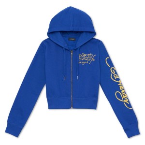 Bluza z Kapturem Ed Hardy Tiger Lotus Cropped Hoodie Damskie Jasny Niebieskie | UBVCRM641