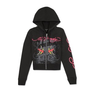 Bluza z Kapturem Ed Hardy Tiger Swallow Cropped Zip Fleece Hoodie Damskie Czarne | KZOGVQ504