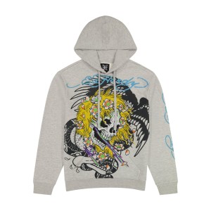 Bluza z Kapturem Ed Hardy Yellow Hair Skull Heather Grey Pullover Hoodie Męskie Szare | OWSFQM893
