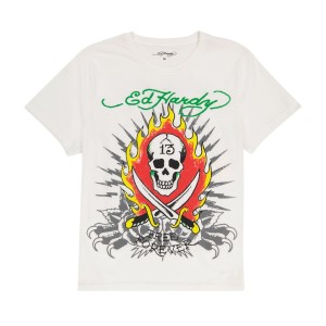 Koszulki Ed Hardy Flame Skull Tee Męskie Cloud Dancer | UDVSIE839