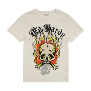 Koszulki Ed Hardy Flame Skull Tee Męskie Białe | DQFTAJ638