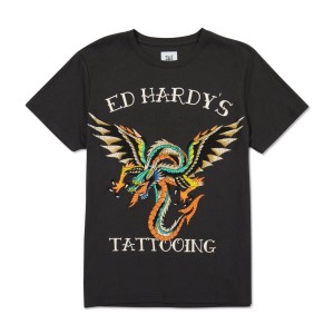 Koszulki Ed Hardy Rhinestone Dragon Wings Męskie Czarne | POGTKX986