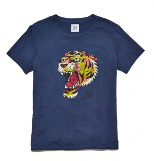 Koszulki Ed Hardy Tiger Head Washed T-Shirt Męskie Granatowe | EROPUS542