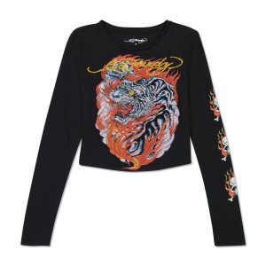 Najfatalniejszy Ed Hardy Rhinestone Flaming Tiger Long Sleeve Baby Tee Damskie Czarne | SNOZRK563