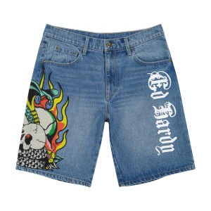 Spodnie Ed Hardy Fire Cobra Skater Short Męskie Niebieskie | YDZNCH618