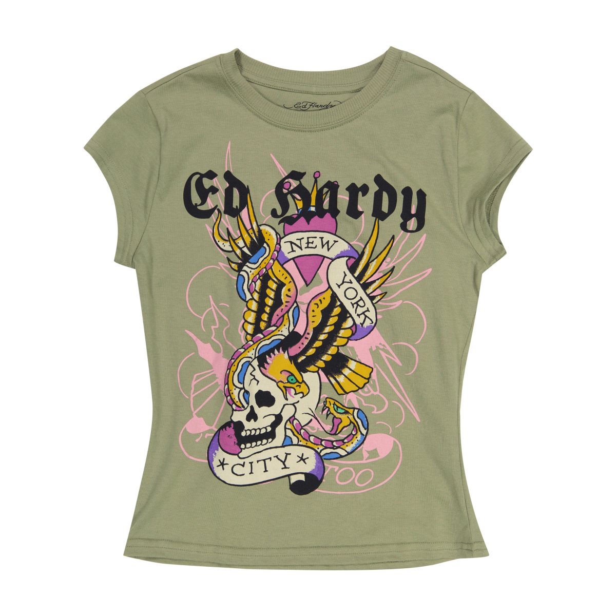Baby Tees Ed Hardy NYC Skull Cap Sleeve Tee Damskie Oliwkowe | RTJXEC608