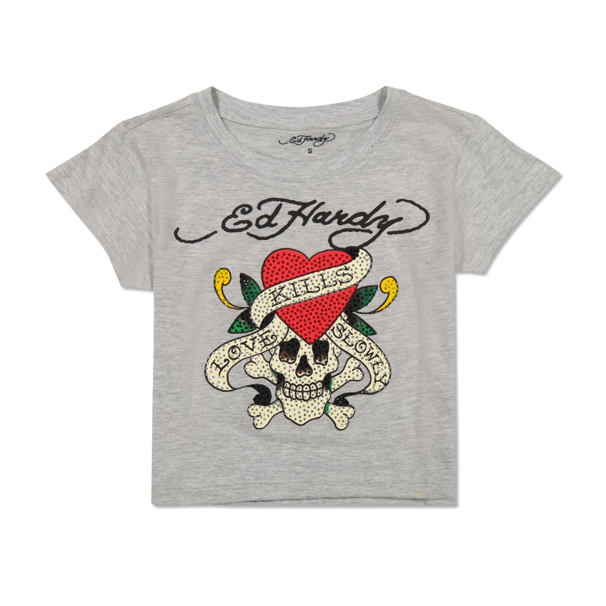 Baby Tees Ed Hardy Rhinestone LKS Skull Baby Tee Damskie Szare | GTMVEC087