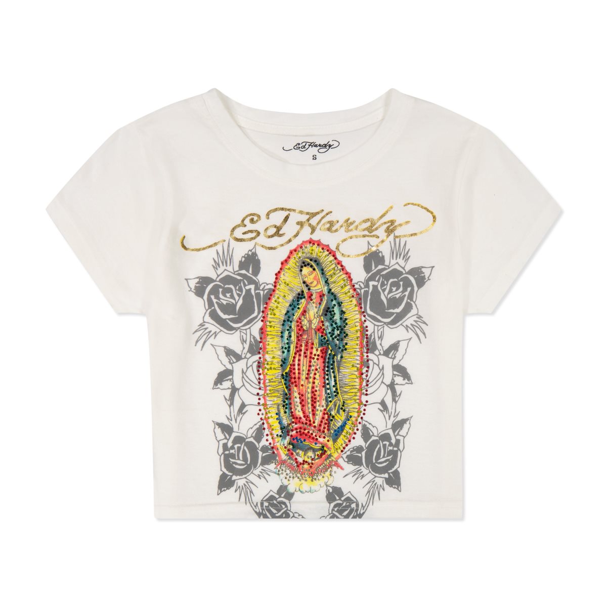 Baby Tees Ed Hardy Rhinestone Mary Baby Tee Damskie Białe | FQINBT538