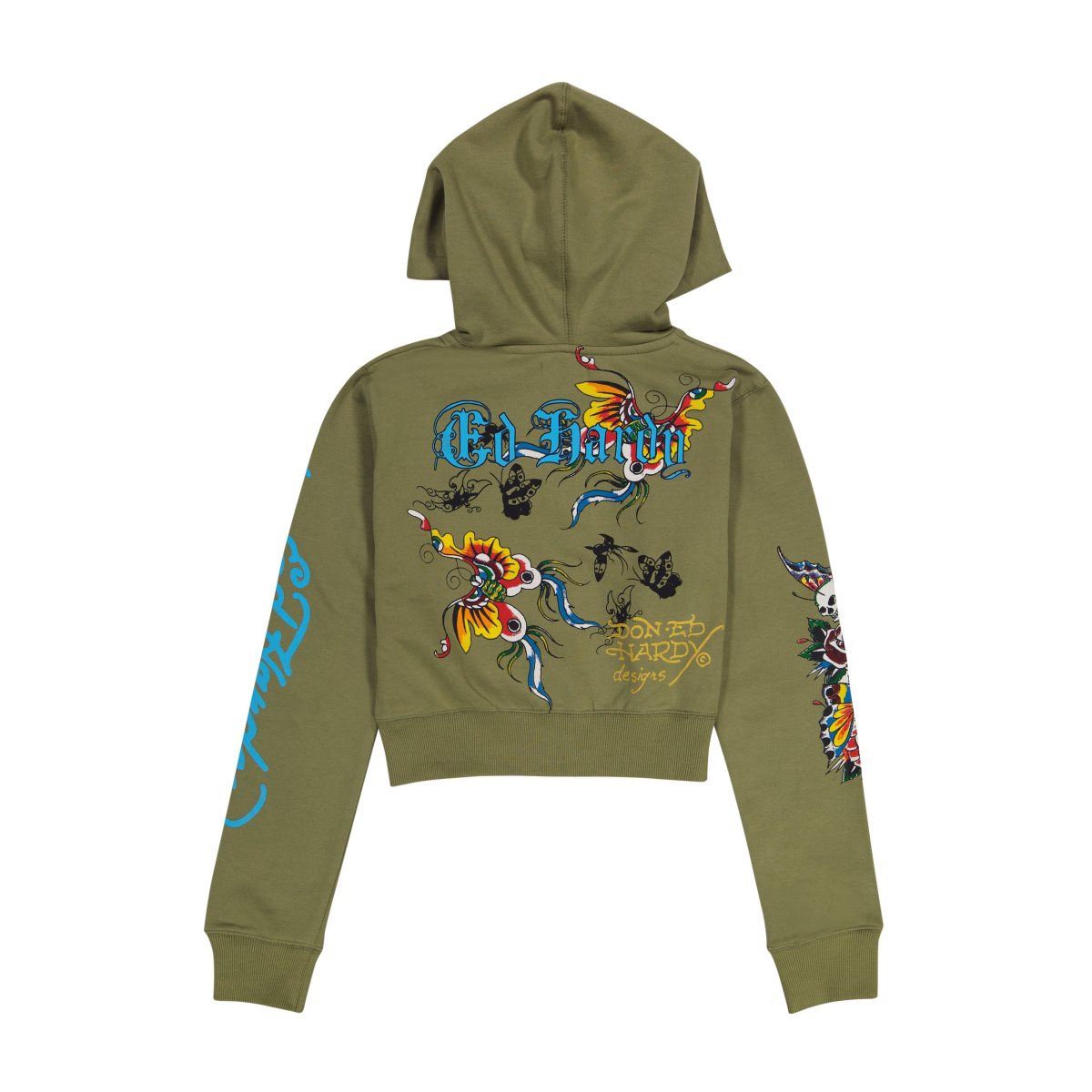 Bluza z Kapturem Ed Hardy Butterflies Cropped Hoodie Damskie Oliwkowe | EQUXIB476
