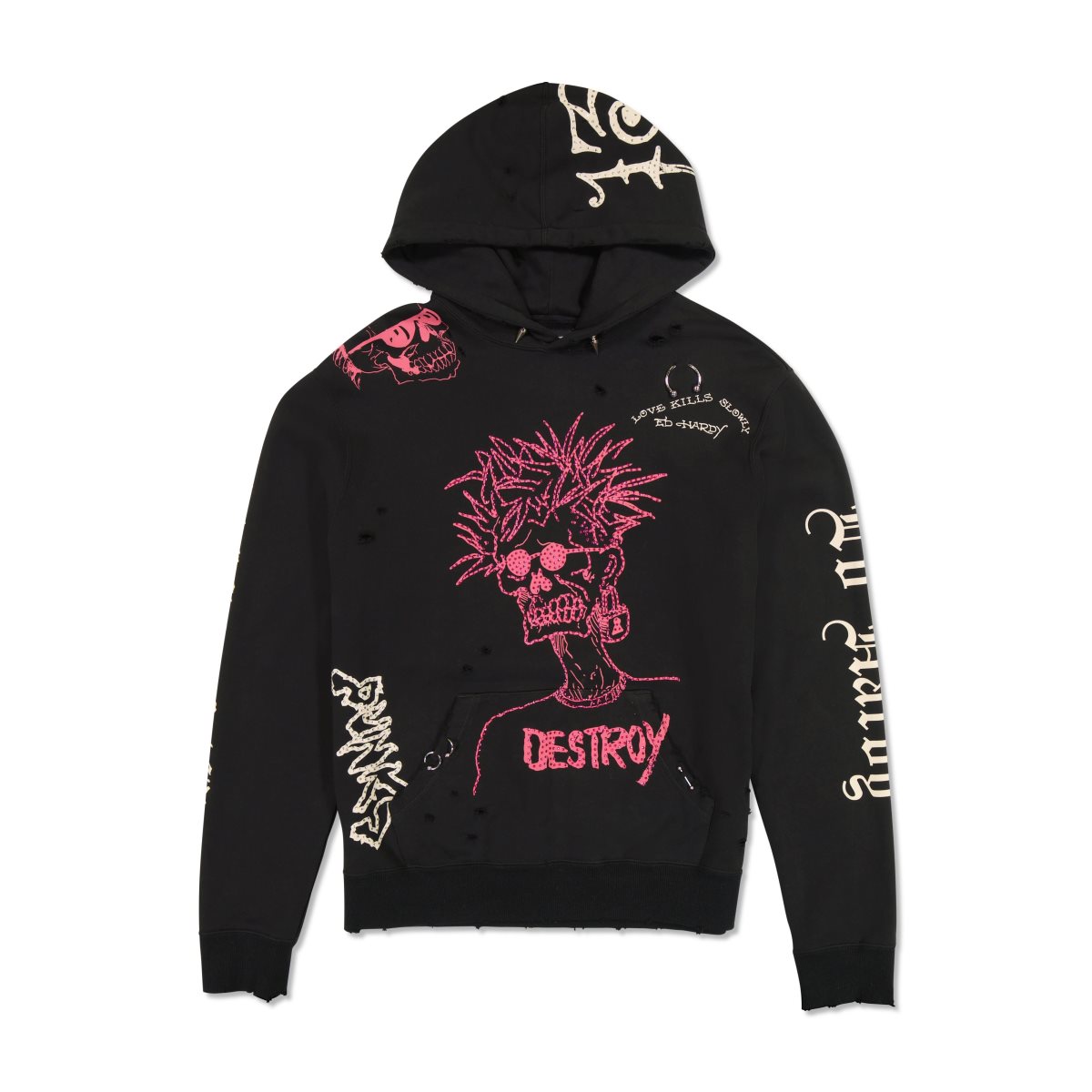 Bluza z Kapturem Ed Hardy Destroy Skele Hoodie Męskie Czarne | LDOZNA810