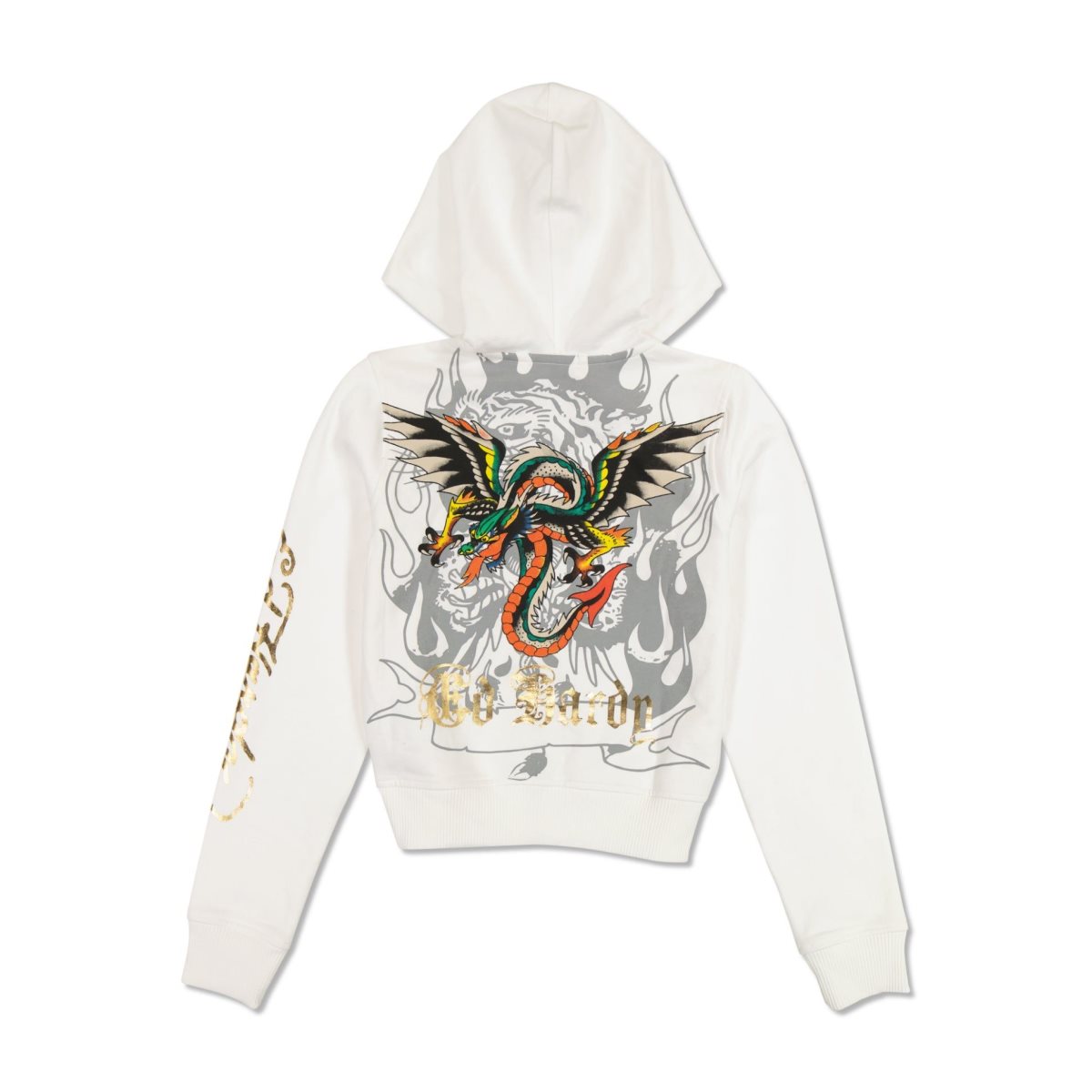 Bluza z Kapturem Ed Hardy Tiger Dagger Cropped Zip Fleece Hoodie Damskie Białe | MKEDLG826