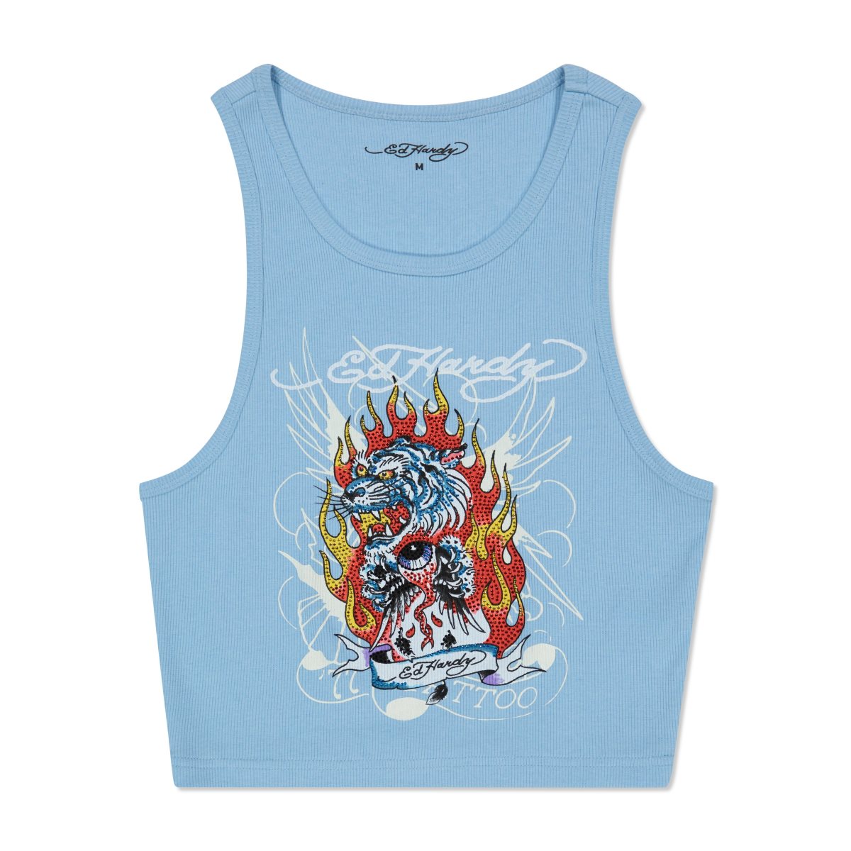 Podkoszulki Ed Hardy Rhinestone Fire Tiger Rib Knit Tank Damskie Niebieskie | RWHJKX234