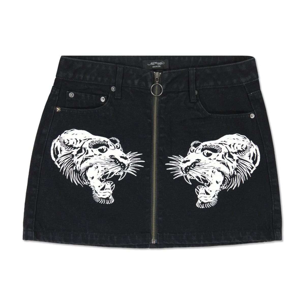 Spodnie Ed Hardy Tigers Zipper Front Mini Denim Skirt Damskie Czarne Niebieskie | IOHUES415